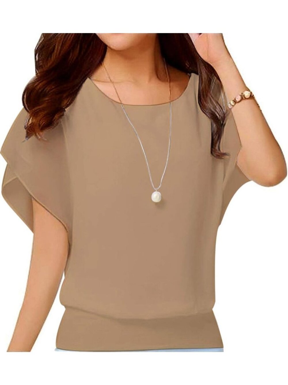 Women's Brown Elegant Loose Casual Short Sleeve Chiffon Top T Shirt Blouses